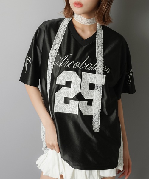 SPINNS（スピンズ）の「半袖ユニフォームTシャツ/レース切り替え/25ロゴ（Tシャツ/カットソー・レディース・ピンク/ブラック/グレー/ネイビー・ONESIZE）」の5枚目の写真
