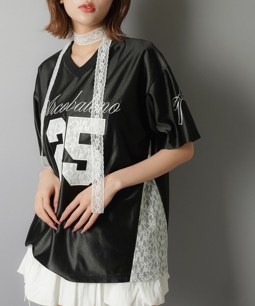SPINNS（スピンズ）の「半袖ユニフォームTシャツ/レース切り替え/25ロゴ（Tシャツ/カットソー・レディース・ピンク/ブラック/グレー/ネイビー・ONESIZE）」の7枚目の写真