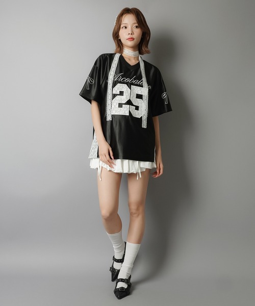SPINNS（スピンズ）の「半袖ユニフォームTシャツ/レース切り替え/25ロゴ（Tシャツ/カットソー・レディース・ピンク/ブラック/グレー/ネイビー・ONESIZE）」の11枚目の写真