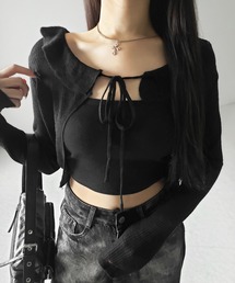 【 2color 】襟付きフロントリボンシアーニットショートカーディガン / collar front ribbon sheer knit short cardigan