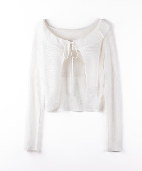 me+em select（ミームセレクト）の「【 ２color 】襟付きフロントリボンシアーニットショートカーディガン ／ collar front ribbon sheer knit short cardigan（カーディガン/ボレロ・レディース・ブラック/ホワイト・FREE）」の7枚目の写真