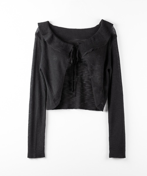 me+em select（ミームセレクト）の「【 ２color 】襟付きフロントリボンシアーニットショートカーディガン ／ collar front ribbon sheer knit short cardigan（カーディガン/ボレロ・レディース・ブラック/ホワイト・FREE）」の8枚目の写真