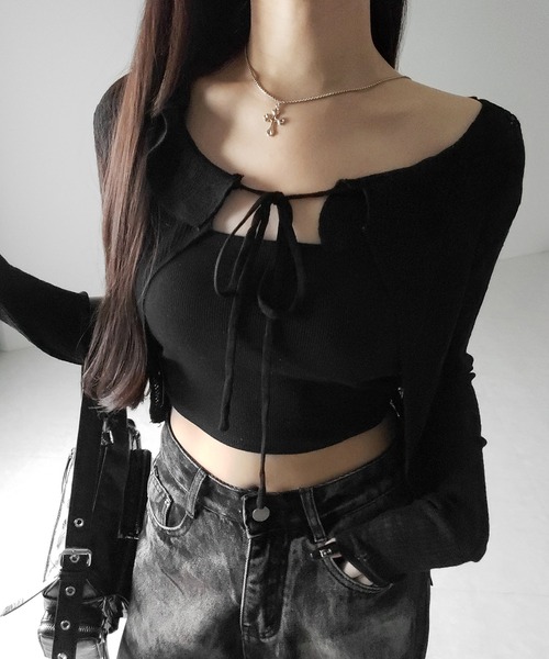 me+em select（ミームセレクト）の「【 ２color 】襟付きフロントリボンシアーニットショートカーディガン ／ collar front ribbon sheer knit short cardigan（カーディガン/ボレロ・レディース・ブラック/ホワイト・FREE）」の4枚目の写真