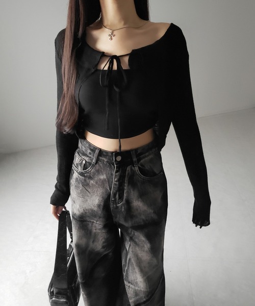 me+em select（ミームセレクト）の「【 ２color 】襟付きフロントリボンシアーニットショートカーディガン ／ collar front ribbon sheer knit short cardigan（カーディガン/ボレロ・レディース・ブラック/ホワイト・FREE）」の5枚目の写真