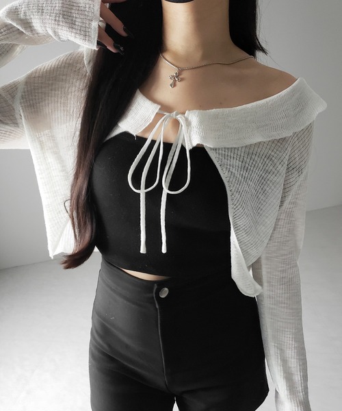 me+em select（ミームセレクト）の「【 ２color 】襟付きフロントリボンシアーニットショートカーディガン ／ collar front ribbon sheer knit short cardigan（カーディガン/ボレロ・レディース・ブラック/ホワイト・FREE）」の15枚目の写真