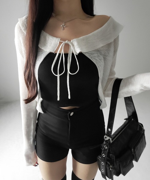 me+em select（ミームセレクト）の「【 ２color 】襟付きフロントリボンシアーニットショートカーディガン ／ collar front ribbon sheer knit short cardigan（カーディガン/ボレロ・レディース・ブラック/ホワイト・FREE）」の17枚目の写真