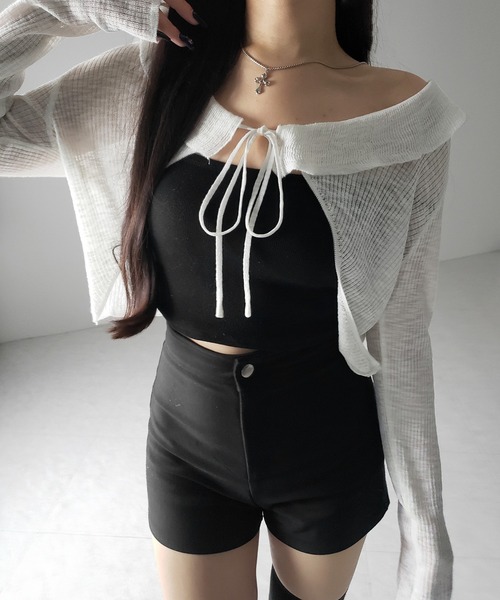 me+em select（ミームセレクト）の「【 ２color 】襟付きフロントリボンシアーニットショートカーディガン ／ collar front ribbon sheer knit short cardigan（カーディガン/ボレロ・レディース・ブラック/ホワイト・FREE）」の18枚目の写真