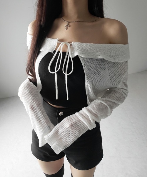 me+em select（ミームセレクト）の「【 ２color 】襟付きフロントリボンシアーニットショートカーディガン ／ collar front ribbon sheer knit short cardigan（カーディガン/ボレロ・レディース・ブラック/ホワイト・FREE）」の21枚目の写真