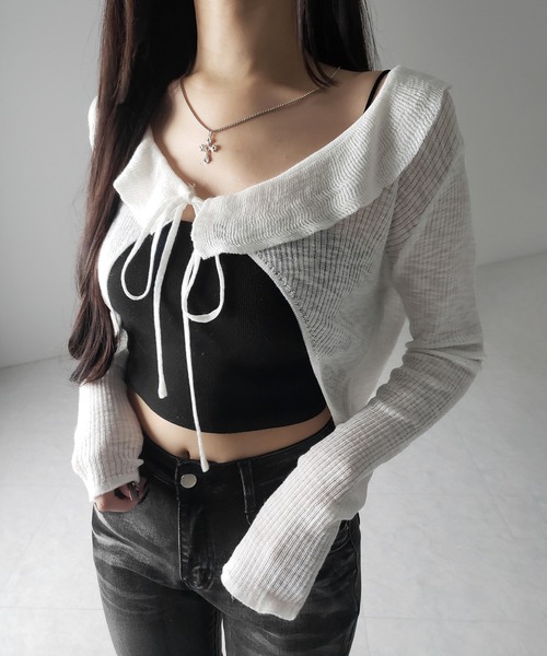 me+em select（ミームセレクト）の「【 ２color 】襟付きフロントリボンシアーニットショートカーディガン ／ collar front ribbon sheer knit short cardigan（カーディガン/ボレロ・レディース・ブラック/ホワイト・FREE）」の22枚目の写真
