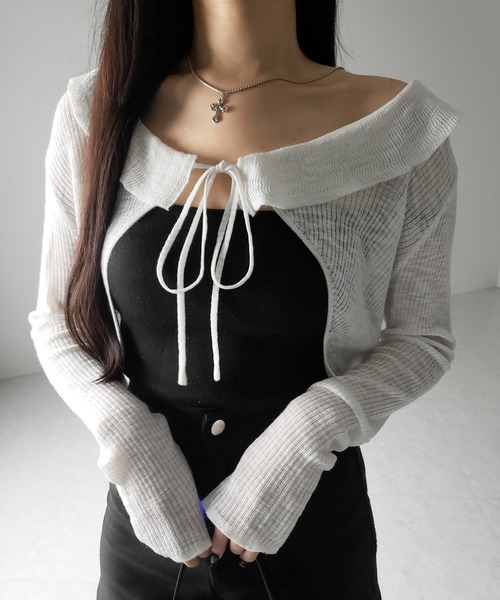 me+em select（ミームセレクト）の「【 ２color 】襟付きフロントリボンシアーニットショートカーディガン ／ collar front ribbon sheer knit short cardigan（カーディガン/ボレロ・レディース・ブラック/ホワイト・FREE）」の13枚目の写真