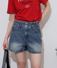 新品タグ付き EMODA エモダ 鋲付きデニムショートパンツ ショートデニム 0 タックハイウエストデニムショートパンツ（デニムパンツ