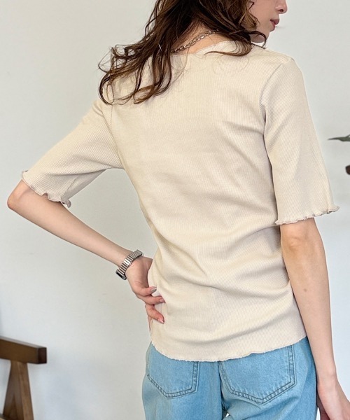 RCD(アールシーディー)の「【コットン100%二の腕カバー叶う】 メロウリブ5分袖カットソー 半袖(Tシャツ/カットソー・レディース・ベージュ/ブラック/カーキ/オフホワイト/杢グレー・M/L/LL)」の6枚目の写真