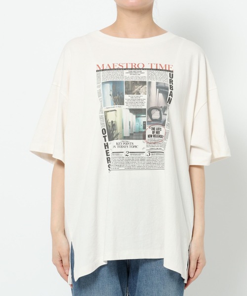 LOWRYS FARM（ローリーズファーム）の「ＮＥＷＳ　ＰＡＰＥＲ　ＴＥＥ　 576808（Tシャツ/カットソー・レディース・チャコールグレー/ホワイト/ブルー・FREE）」の13枚目の写真