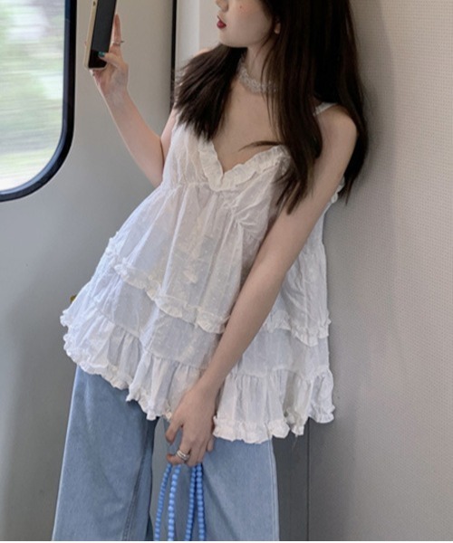 MASHIRO(マシロ)の「【MASHIRO】フリルキャミチュニック(MA/EKW116)(チュニック・レディース・ブラック/ホワイト・FREE)」の1枚目の写真