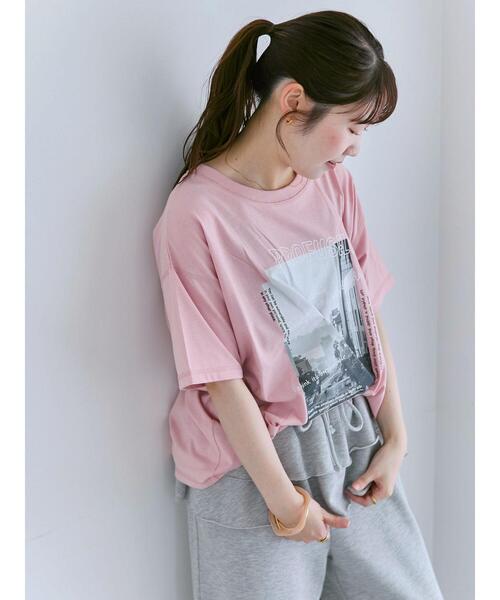 ehka sopo(エヘカソポ)の「プリントタックTシャツ(Tシャツ/カットソー・レディース・サックスブルー/オフホワイト/ブラック/ピンク・F)」の4枚目の写真