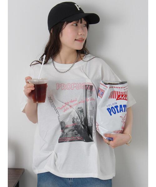 ehka sopo(エヘカソポ)の「プリントタックTシャツ(Tシャツ/カットソー・レディース・サックスブルー/オフホワイト/ブラック/ピンク・F)」の5枚目の写真