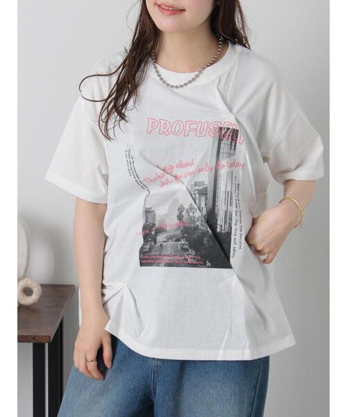 ehka sopo(エヘカソポ)の「プリントタックTシャツ(Tシャツ/カットソー・レディース・サックスブルー/オフホワイト/ブラック/ピンク・F)」の7枚目の写真