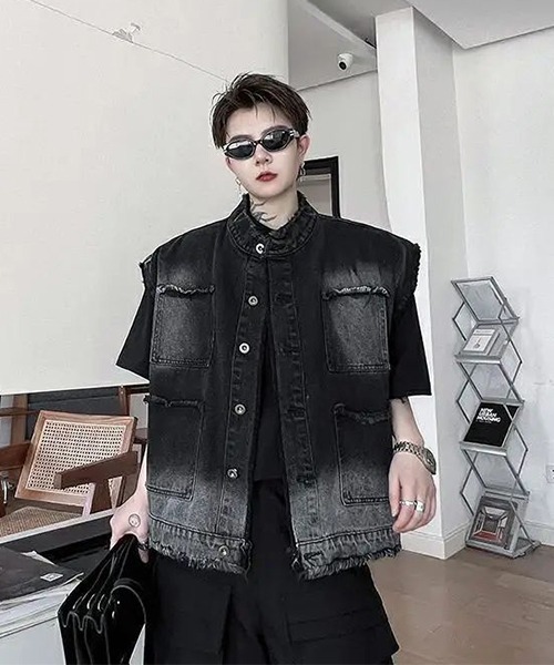 セール】【Bz】オーバーサイズブリーチデニムベスト（ベスト