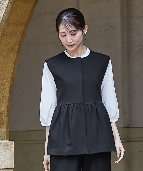 Petitjo(プッチージョ)の「小さいサイズ 【レディーススーツ】ペプラムベスト (セットアップ対応・上下別売り) 低身長さん・小柄女性(スーツセット・レディース・ネイビー/ブラック/グレイッシュベージュ・PL/PM/PS/PSS)」の4枚目の写真