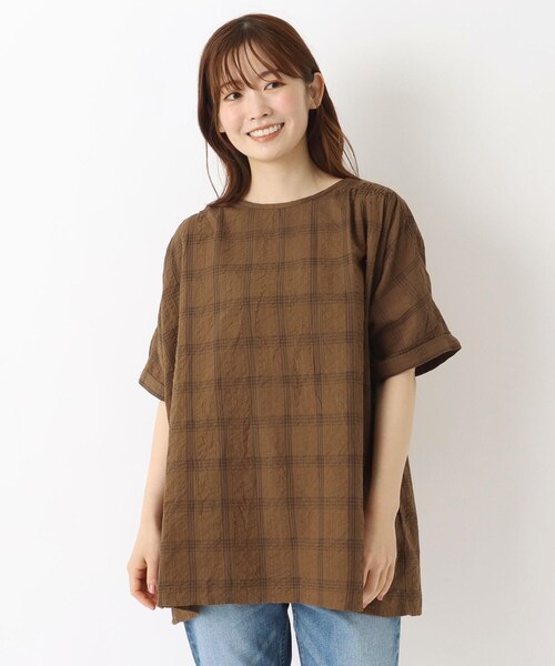 one'sterrace(ワンズテラス)の「ラインチェック 5分袖ブラウス(シャツ/ブラウス・レディース・ダークブラウン系8/アイボリー系8/グレー系その他7・02)」の1枚目の写真