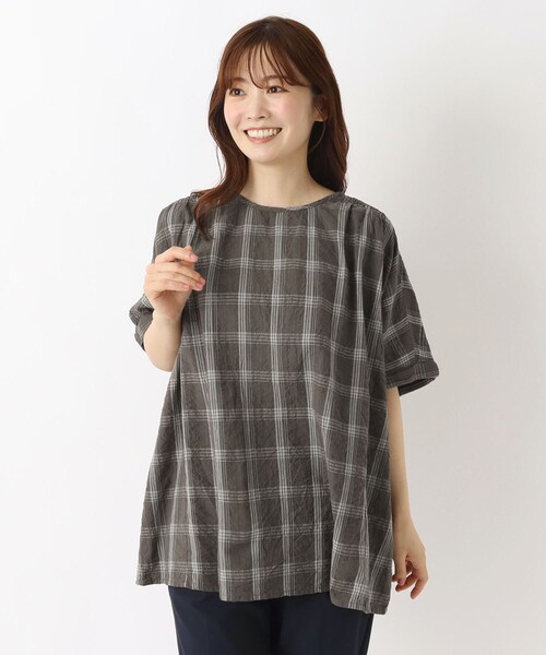 one'sterrace(ワンズテラス)の「ラインチェック 5分袖ブラウス(シャツ/ブラウス・レディース・ダークブラウン系8/アイボリー系8/グレー系その他7・02)」の2枚目の写真