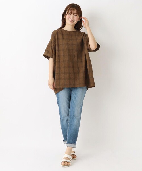 one'sterrace(ワンズテラス)の「ラインチェック 5分袖ブラウス(シャツ/ブラウス・レディース・ダークブラウン系8/アイボリー系8/グレー系その他7・02)」の6枚目の写真