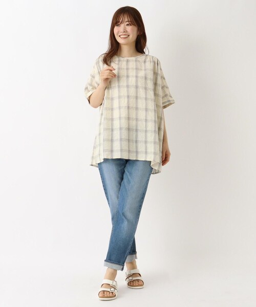 one'sterrace(ワンズテラス)の「ラインチェック 5分袖ブラウス(シャツ/ブラウス・レディース・ダークブラウン系8/アイボリー系8/グレー系その他7・02)」の4枚目の写真