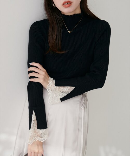 natural couture（ナチュラルクチュール）の「袖口レースもちもちリブタートル（ニット/セーター・レディース・ベージュ系その他/ピンク/ブラック/サックスブルー/ブラック系その他/チャコールグレー/オフホワイト・FREE）」の4枚目の写真