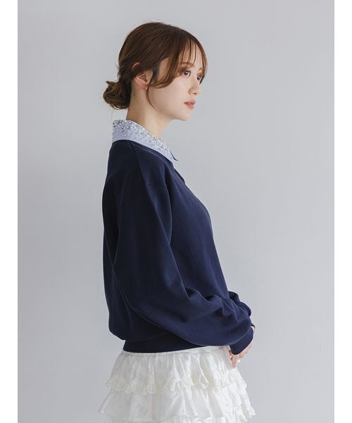 【新品未使用、タグ付き】snidel 新作 スナイデル ビジュー衿スウェット USAGI ONLINE/ZOZO TOWN限定】ビジュー衿スウェット（スウェット