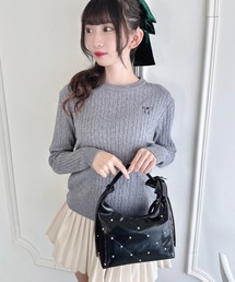 リボン刺繍ケーブルニットトップス