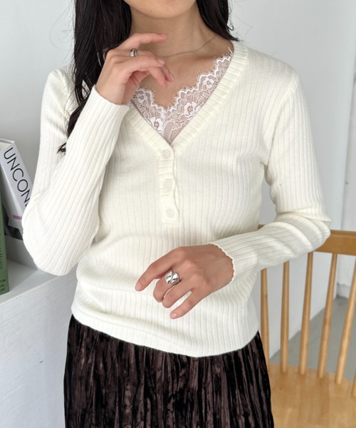 CLEA(クレア)の「Vネックレースコンパクトトップス(Tシャツ/カットソー・レディース・ベージュ/アイボリー/ブラック・FREE)」の6枚目の写真