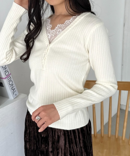 CLEA(クレア)の「Vネックレースコンパクトトップス(Tシャツ/カットソー・レディース・ベージュ/アイボリー/ブラック・FREE)」の8枚目の写真