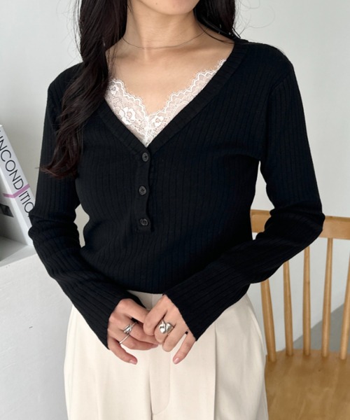 CLEA(クレア)の「Vネックレースコンパクトトップス(Tシャツ/カットソー・レディース・ベージュ/アイボリー/ブラック・FREE)」の7枚目の写真