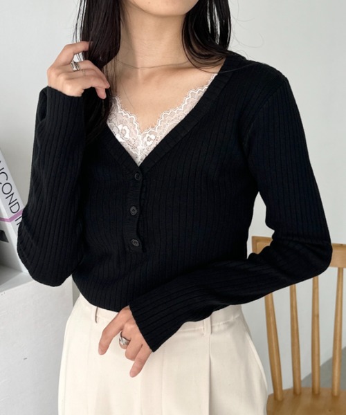 CLEA(クレア)の「Vネックレースコンパクトトップス(Tシャツ/カットソー・レディース・ベージュ/アイボリー/ブラック・FREE)」の11枚目の写真