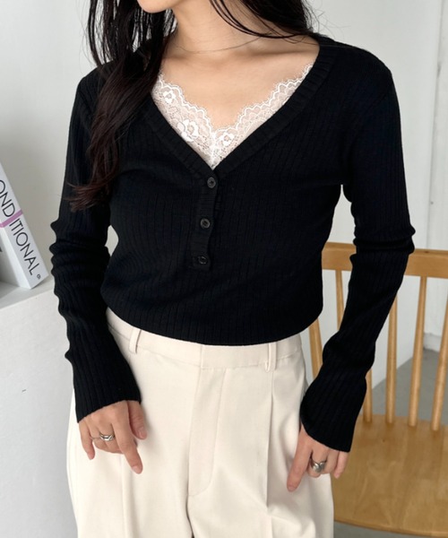 CLEA(クレア)の「Vネックレースコンパクトトップス(Tシャツ/カットソー・レディース・ベージュ/アイボリー/ブラック・FREE)」の12枚目の写真