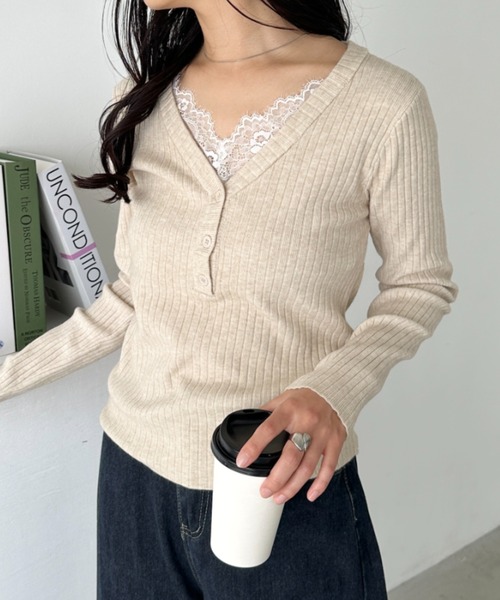 CLEA(クレア)の「Vネックレースコンパクトトップス(Tシャツ/カットソー・レディース・ベージュ/アイボリー/ブラック・FREE)」の15枚目の写真