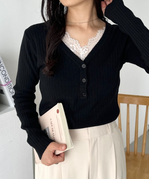 CLEA(クレア)の「Vネックレースコンパクトトップス(Tシャツ/カットソー・レディース・ベージュ/アイボリー/ブラック・FREE)」の19枚目の写真
