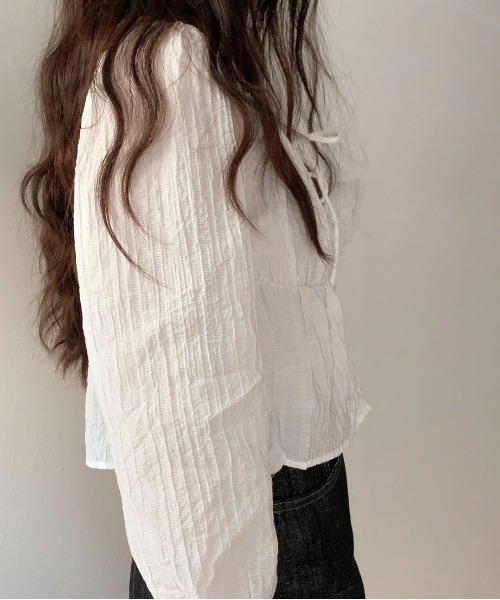 Maison Calme（メゾンカルム）の「ボリュームスリーブ ティアードリボンブラウス　愛されブラウス（シャツ/ブラウス・レディース・ブラック/ピンク/ホワイト・F）」の7枚目の写真