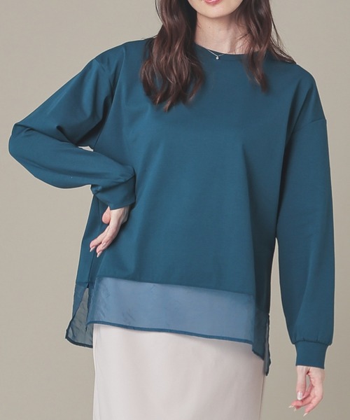 GLACIER lusso(グラシアルッソ)の「シアー切替トップス(Tシャツ/カットソー・レディース・ライトグレー/モカ/ブルーグリーン/ブラック・M/LL/L)」の1枚目の写真