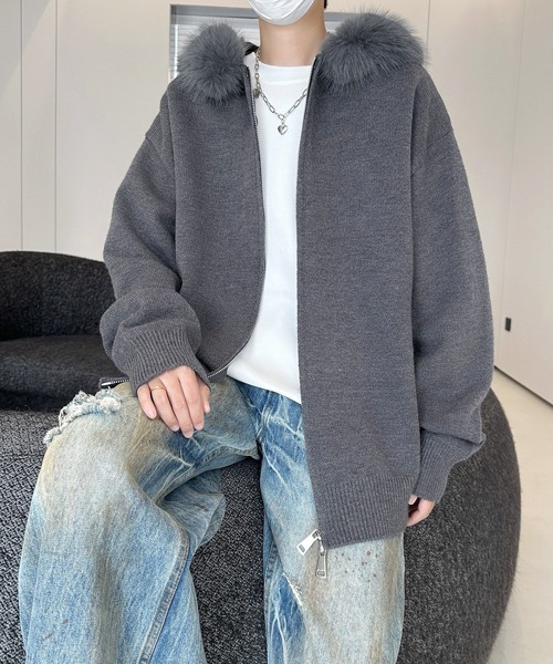 FVLMEN（フルメン）の「【FVLMEN】fur design knit W zip parka/ファー デザイン ニット ダブル ジップ パーカー（パーカー・メンズ・ブラック/ホワイト/グレー・MEDIUM/LARGE/X-LARGE）」の3枚目の写真