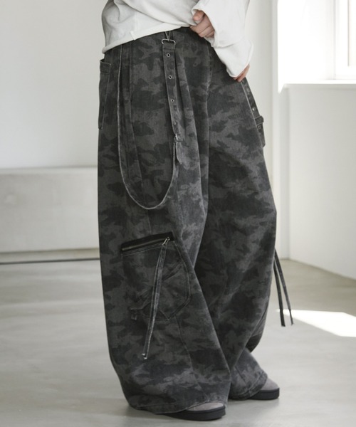 Spielio】Distressed suspender wide denim pants/ ヴィンテージライク