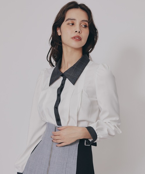 REDYAZEL（レディアゼル）の「チェックバイカラーリボンタイブラウス（シャツ/ブラウス・レディース・グレー/ベージュ/ネイビー・FREE）」の21枚目の写真