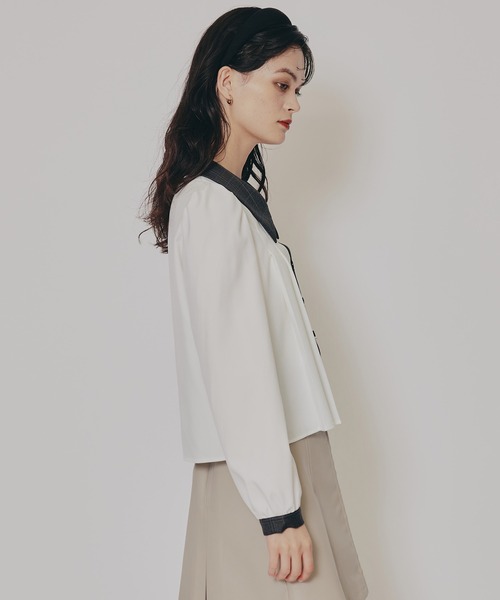 REDYAZEL（レディアゼル）の「チェックバイカラーリボンタイブラウス（シャツ/ブラウス・レディース・グレー/ベージュ/ネイビー・FREE）」の22枚目の写真