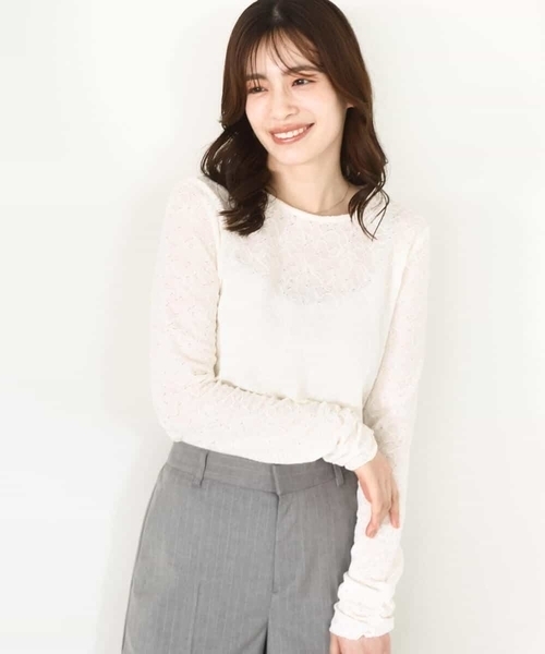 OFUON le MK(オフオンルエムケー)の「シャーリングデザインレースカットソー/洗える/WEB限定サイズあり(Tシャツ/カットソー・レディース・アイボリー/ダークグレー・36/38)」の11枚目の写真