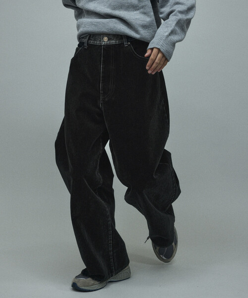 Firsthand(ファーストハンド)の「Firsthand/ファーストハンド フロッキーデニム切り替え ワイドストレートパンツ(デニムパンツ・メンズ・ブラック/ネイビー・M/L)」の1枚目の写真