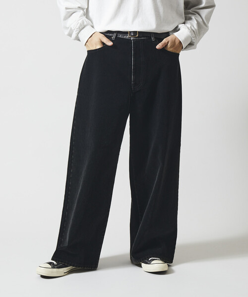 Firsthand(ファーストハンド)の「Firsthand/ファーストハンド フロッキーデニム切り替え ワイドストレートパンツ(デニムパンツ・メンズ・ブラック/ネイビー・M/L)」の3枚目の写真