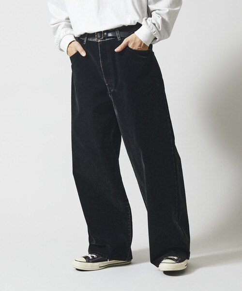 Firsthand(ファーストハンド)の「Firsthand/ファーストハンド フロッキーデニム切り替え ワイドストレートパンツ(デニムパンツ・メンズ・ブラック/ネイビー・M/L)」の5枚目の写真