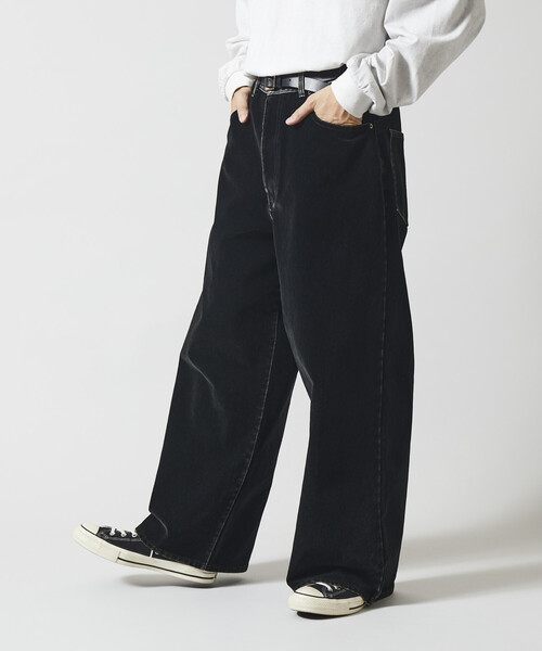 Firsthand(ファーストハンド)の「Firsthand/ファーストハンド フロッキーデニム切り替え ワイドストレートパンツ(デニムパンツ・メンズ・ブラック/ネイビー・M/L)」の6枚目の写真