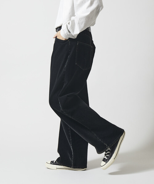 Firsthand(ファーストハンド)の「Firsthand/ファーストハンド フロッキーデニム切り替え ワイドストレートパンツ(デニムパンツ・メンズ・ブラック/ネイビー・M/L)」の7枚目の写真
