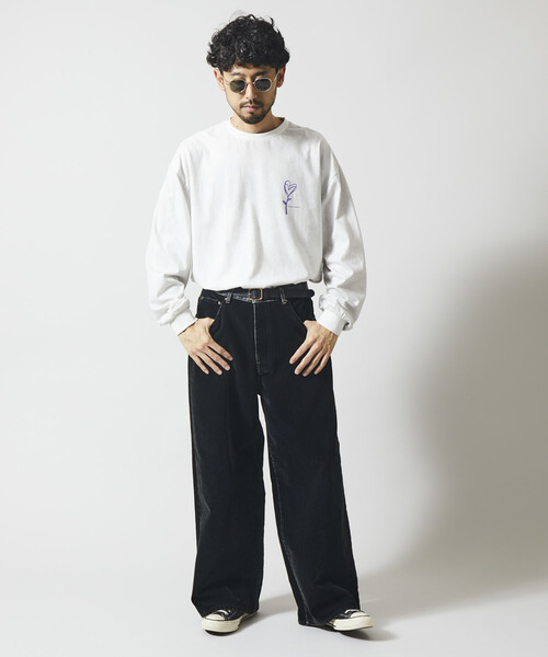 Firsthand(ファーストハンド)の「Firsthand/ファーストハンド フロッキーデニム切り替え ワイドストレートパンツ(デニムパンツ・メンズ・ブラック/ネイビー・M/L)」の13枚目の写真